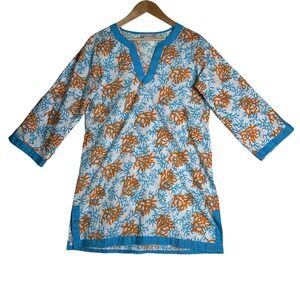 Top It Off Women's Tunic Shirt Sz‎ S Coverup Top Coral Reef Design Blue Orange